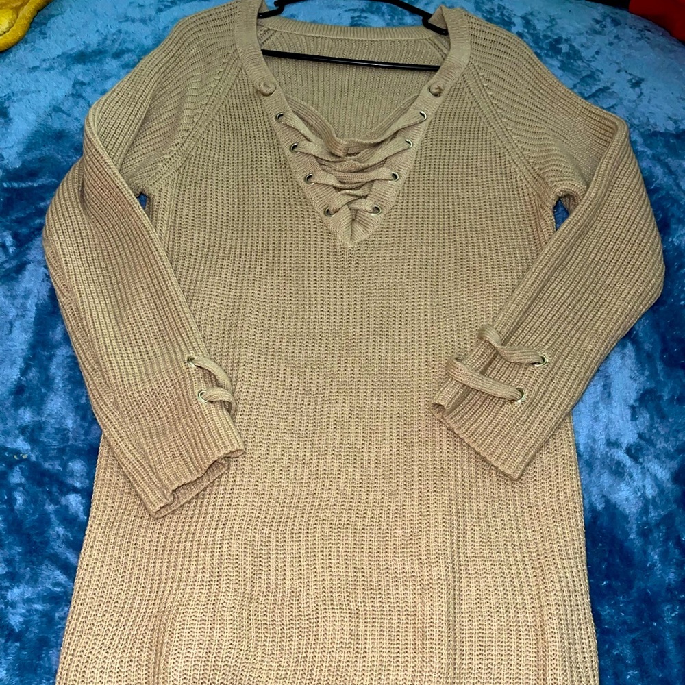 Tan sweater or sweater dress!